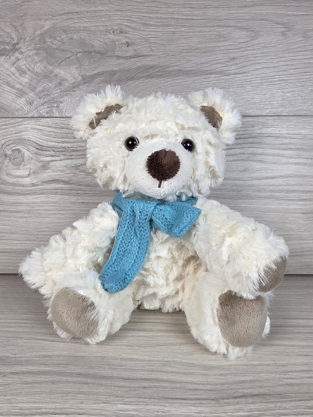Off White Fluffy Plush Teddy Bear w Teal Knit Scarf, 10" SU18